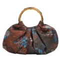Vintage handtas met bloemenprint, ronde bamboe handgreep en geplooide stof - Multicolor Koffie