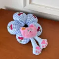 Close-up of blue gingham flower scrunchie with pink plush cat detail and cherry embroidery - Blue Cat Hair Tie