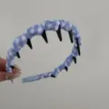 Blue and white gingham pleated satin headband featuring heart patterns and black hair comb teeth - Blue Heart Wavy Headband (74#) / Blue