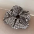 Detailed close-up of a sweet purple and pink plaid fabric hair scrunchie - 7# Milk Tea Plaid