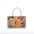 Stylish woven tote bag featuring colorful sequin floral embroidery and sturdy top handles - Horizontal Small Version (Random Flowers) / Orange