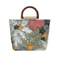Elegante borsa in lino ricamata a fiori con manico in bambù scuro classico da donna - Verde
