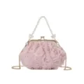 Elegant pink underarm bag featuring 3D fabric roses, a pearl handle, and gold chain strap - Pink