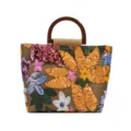 Elegante borsa in lino con manico tondo in legno e ricami floreali di paillettes colorate - Giallo