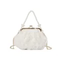Elegant white rose petal evening bag with pearl handle and gold chain strap - White