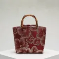 Borsa tote rossa in stile cinese vintage con manici in bambù e ricami floreali - Burgundy (850 chinese style flowers)