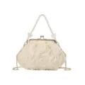 Elegant white floral evening bag with decorative pearl handle and gold chain strap - Beige