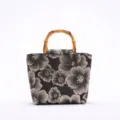 Elegante borsa in lino con manico in bambù e motivo floreale vintage. - Black (850 chinese style flowers)
