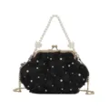 Elegant black evening bag with 3D fabric roses, pearl beaded handle, and gold chain. - Black