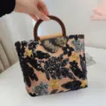Borsa tote in lino con ricamo floreale di paillettes e manici tondi in legno SKU - Nero con paillettes