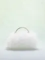 Detailed view of white tulle pleated bridal clutch with elegant gold metal ring handle. - White