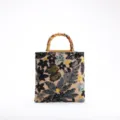 Elegant linen evening handbag featuring floral embroidery and black sequins with bamboo handle - Black (Random Pattern)