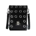 Gothic black small crossbody phone bag featuring decorative silver eyelets and skull emblem - Black Skeleton