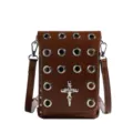 Gothic brown leather crossbody bag with silver eyelets and skull cross metal decoration - brown cross
