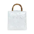 Elegant white linen evening bag with bamboo handle and shimmer butterfly sequins embroidery - White Butterfly