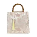Elegant pink floral embroidery evening bag with bamboo handle and yellow tassel. - Pink Jacquard Bamboo Style