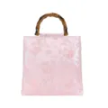 Elegant pink linen handbag with bamboo handle and butterfly sequins embroidery - Pink Butterfly