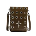 Dark gothic small crossbody phone bag with skull cross and silver eyelets in olive green - dark green cross