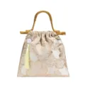 Elegant cream floral embroidered evening bag with bamboo handle and tassel - Champagne Arch Handle