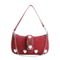 Red sweet style baguette shoulder bag with white heart pearl decorations and silver chain - Red