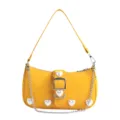 Vibrant yellow baguette shoulder bag with pearl heart accents and silver-tone chain. - Yellow