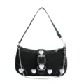 Black sweet style baguette bag featuring pearl heart decorations and silver chain strap - Black