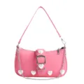 Pink sweet style baguette bag with pearl heart decorations and silver chain strap - Pink
