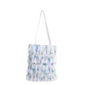 Elegant white pleated tote bag with multi-layer ruffles and blue floral print design - Orchid