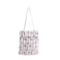 Elegant white pleated tote bag featuring purple floral print and layered ruffles design. - Purple Flower