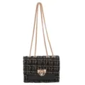 Elegant black and gold tweed square crossbody bag with decorative gold chain strap - Black