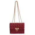 Elegant red tweed checkered chain bag with gold-tone hardware and decorative lock - Red