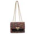 Elegant multi-colored tweed chain crossbody bag with black leather panel and gold hardware - Multicolor