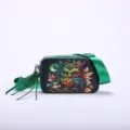 Green camera crossbody bag featuring a colorful owl print design with wide adjustable strap - Emerald Owl