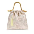 Elegant embroidered sequin evening handbag with a natural bamboo handle in soft pink - Pink Arch Handle
