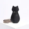Cute cat-shaped black leather crossbody bag with decorative belt and striped strap - Black