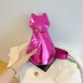 Metallic pink cat-shaped crossbody bag with adjustable strap and buckle detail for women - Metallic Rose Red