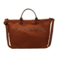 Brown corduroy tote bag with leather handles and shoulder strap for women, large capacity. - Tan