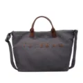 Grey corduroy tote bag with brown handles and shoulder strap, spacious casual everyday bag. - Gray