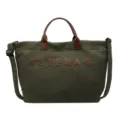Green corduroy tote bag with brown leather handles, casual large capacity commuter handbag. - Dark Green