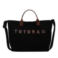 Black corduroy tote bag with brown handles, casual large capacity commuter handbag for women. - Black