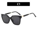 Gafas de sol de ojo de gato negras de gran tamaño con patillas doradas para mujer - Estilo C1 / Negro Brillante Gris Completo