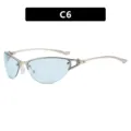 Y2K aesthetic metal semi-rimless cat-eye sunglasses with light blue lenses, SKU C6 color - C6-Silver Frame Blue Lens