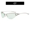 Fashionable Y2K metal semi-rimless cat-eye sunglasses with light green lenses, C7 - C7-银框浅绿