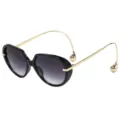 Lunettes de soleil ovales oversize chics avec branches dorées incurvées et monture noire - Monture Noir Brillant Lentille Gris Dégradé (C4)