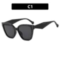 Elegant black cat eye glasses frames decorated with silver studs and anti-blue light lenses - Rivet Style (C1) / Grey Lenses / Bright Black