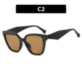 Cat-eye eyeglass frames with silver rivets, black frame and tea lenses, model C2 variant - Rivet Style (C2) / Light Tea Lens / Bright Black