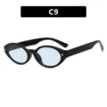 Retro oval sunglasses featuring black frames, light blue lenses and star studs, model C9 - C9-Glossy Black Frame Light Blue Lenses