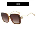 Modische quadratische Schildpatt-Sonnenbrille mit goldenen Perlen-Wellenbügeln, C3 - C3-Leopard Doppel Tee