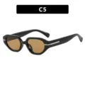 Stylish vintage irregular small frame sunglasses featuring black frame and amber lenses. - Shiny Black Light Tea Lens