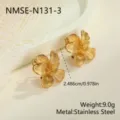Close-up of gold-plated stainless steel flower earrings with vintage texture finish. - 3D Flower Stud Earrings (NMSE-N131-3)